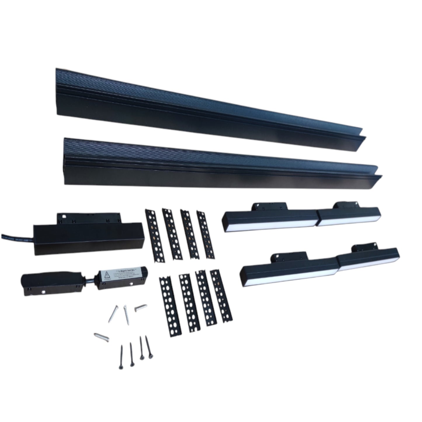 A set of black metal stair rail components and mounting hardware arranged on a plain white background, including two long rails, several shorter rail sections, brackets, screws, and small hardware pieces.