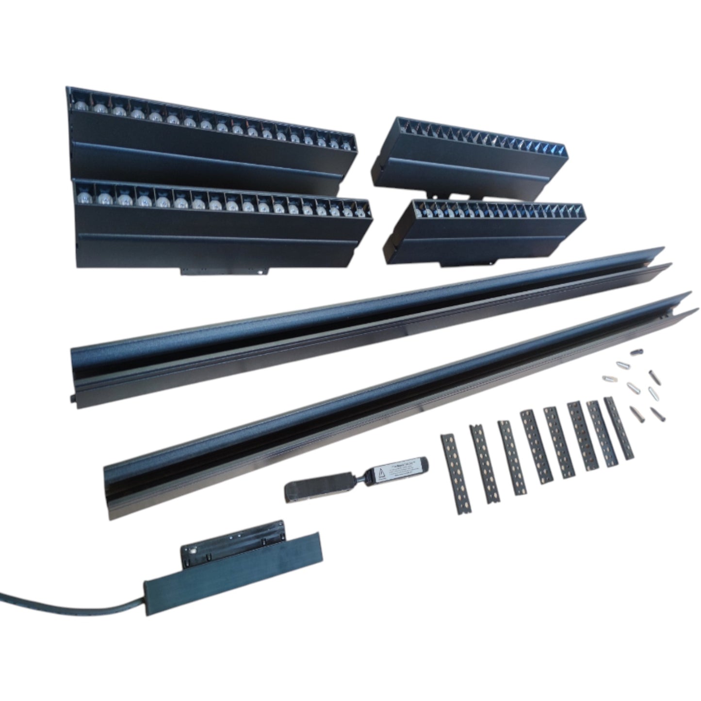 A set of black metal LED linear light guide bars and mounting brackets with screws, shown laid out on a plain white background.