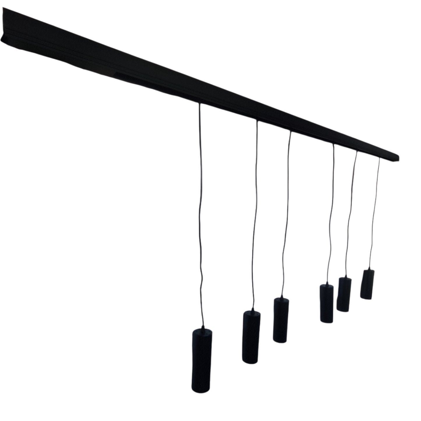 A modern black linear ceiling light fixture with five cylindrical pendant lights hanging from a single horizontal bar against a plain white background.