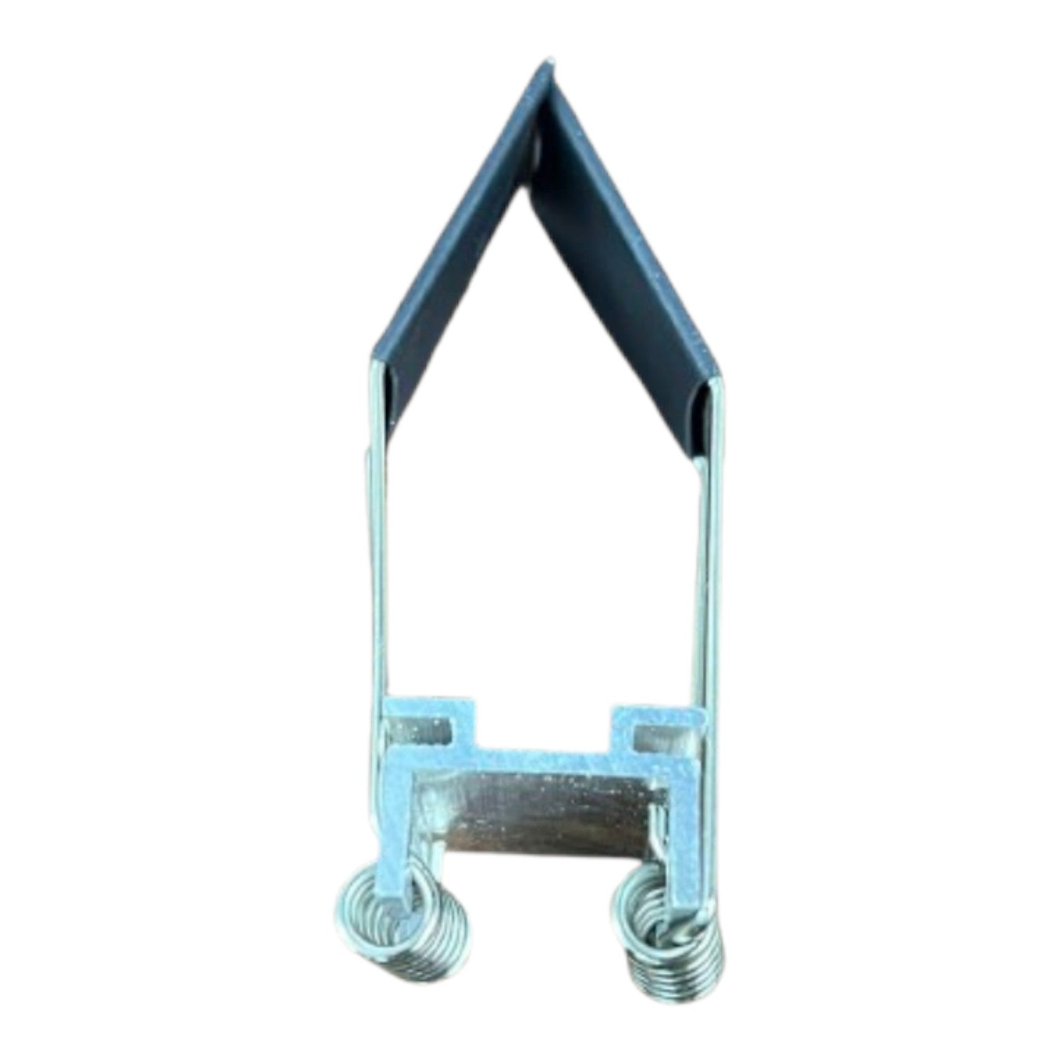 A small metal mechanical component with a dark triangular top section, silver vertical arms, and two coiled springs at the bottom, isolated on a white background.