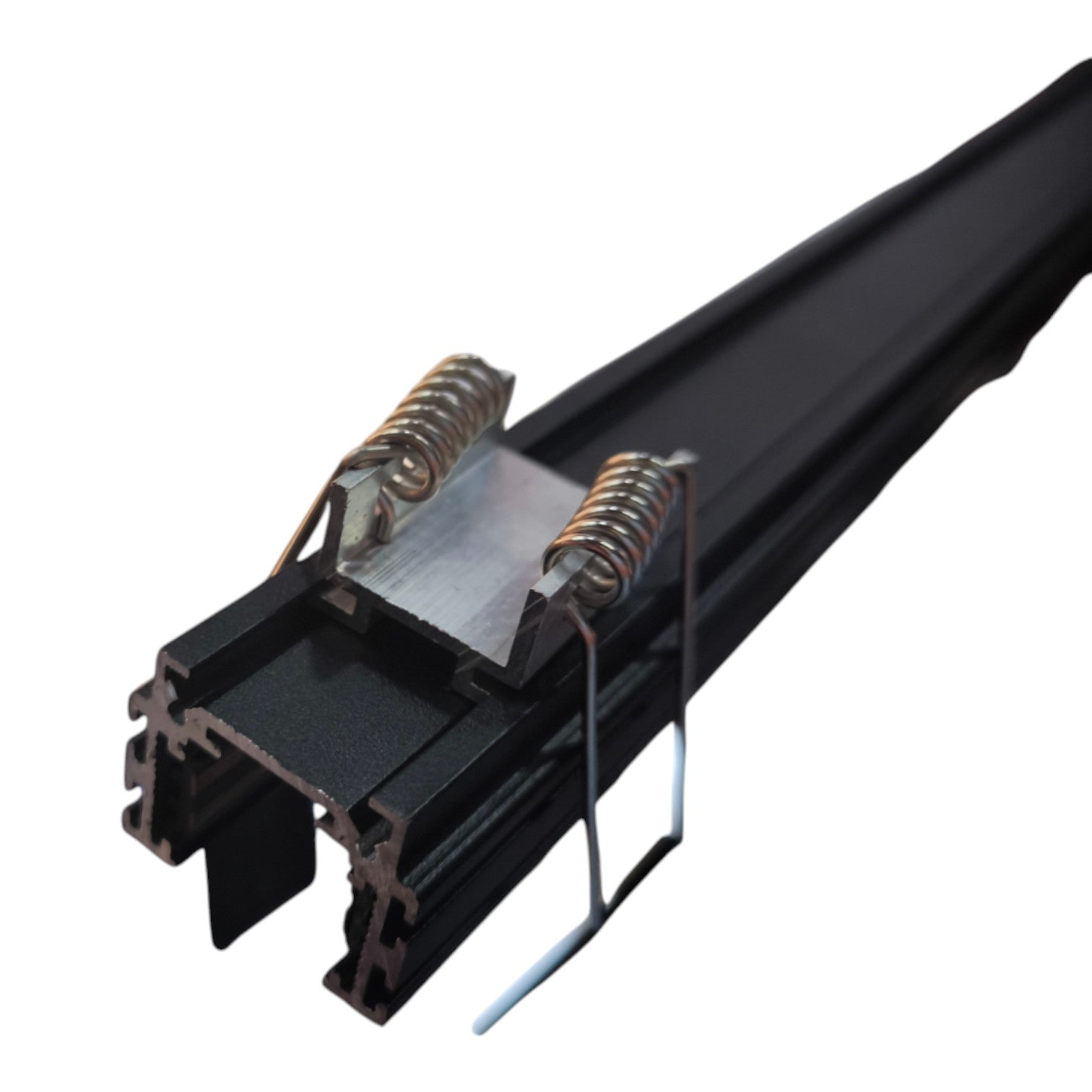 A close-up of a black metal electrical busbar or cable tray component with two coiled copper springs and a silver metal connector plate, isolated on a white background.