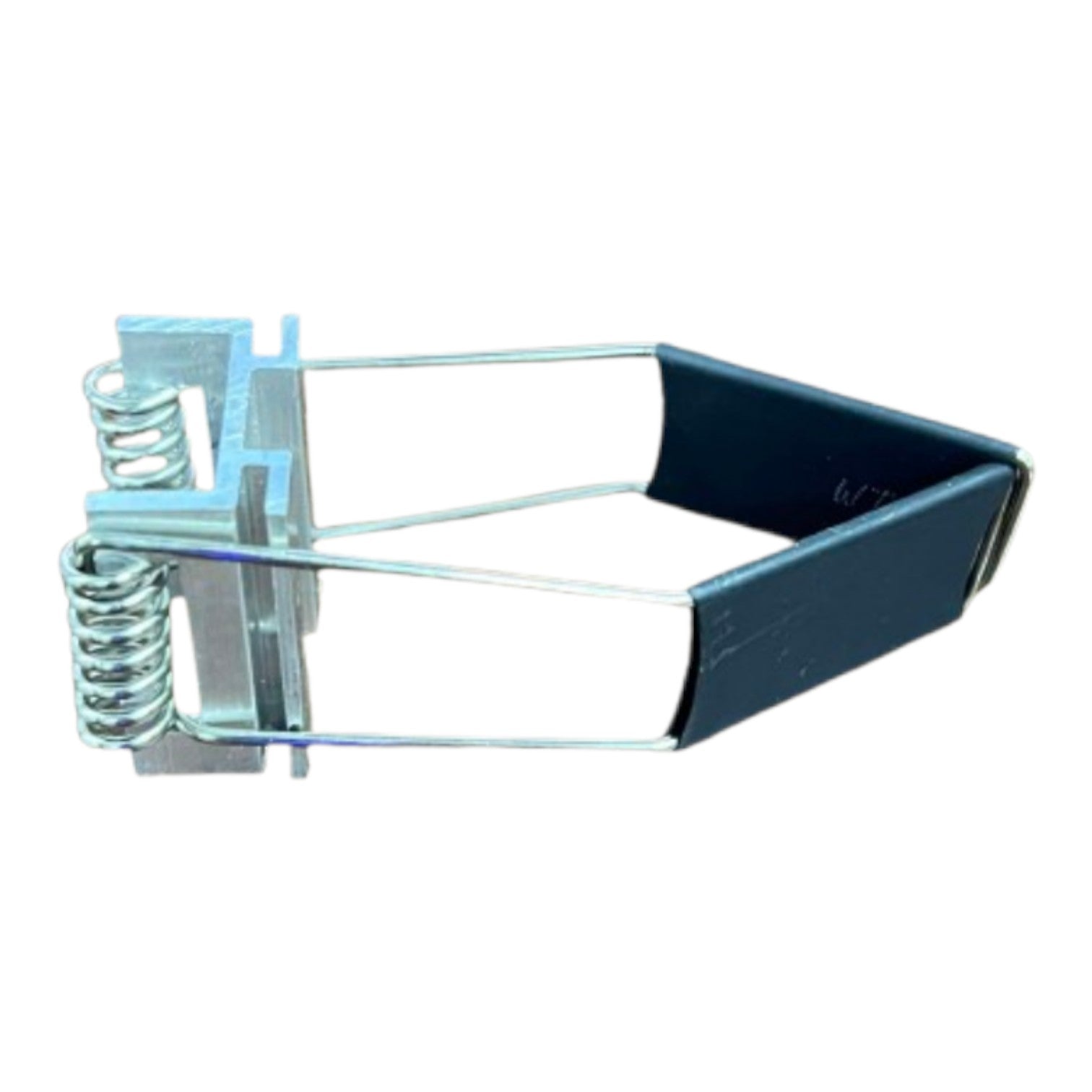 A small metal spring-loaded clamp or latch component with a dark blue-gray triangular frame and silver metal arms and spring, isolated on a white background.