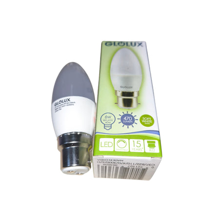 Glolux 6W LED Candle Bulb B22 Socket Warm White 3000K 470 Lumens Non-Dimmable