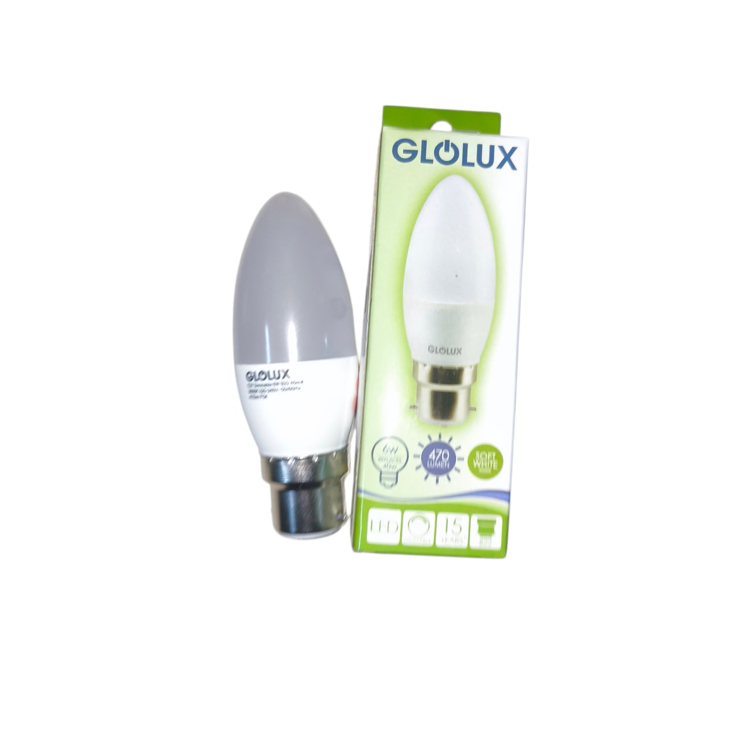 Glolux 6W LED Candle Bulb B22 Socket Warm White 3000K 470 Lumens Non-Dimmable