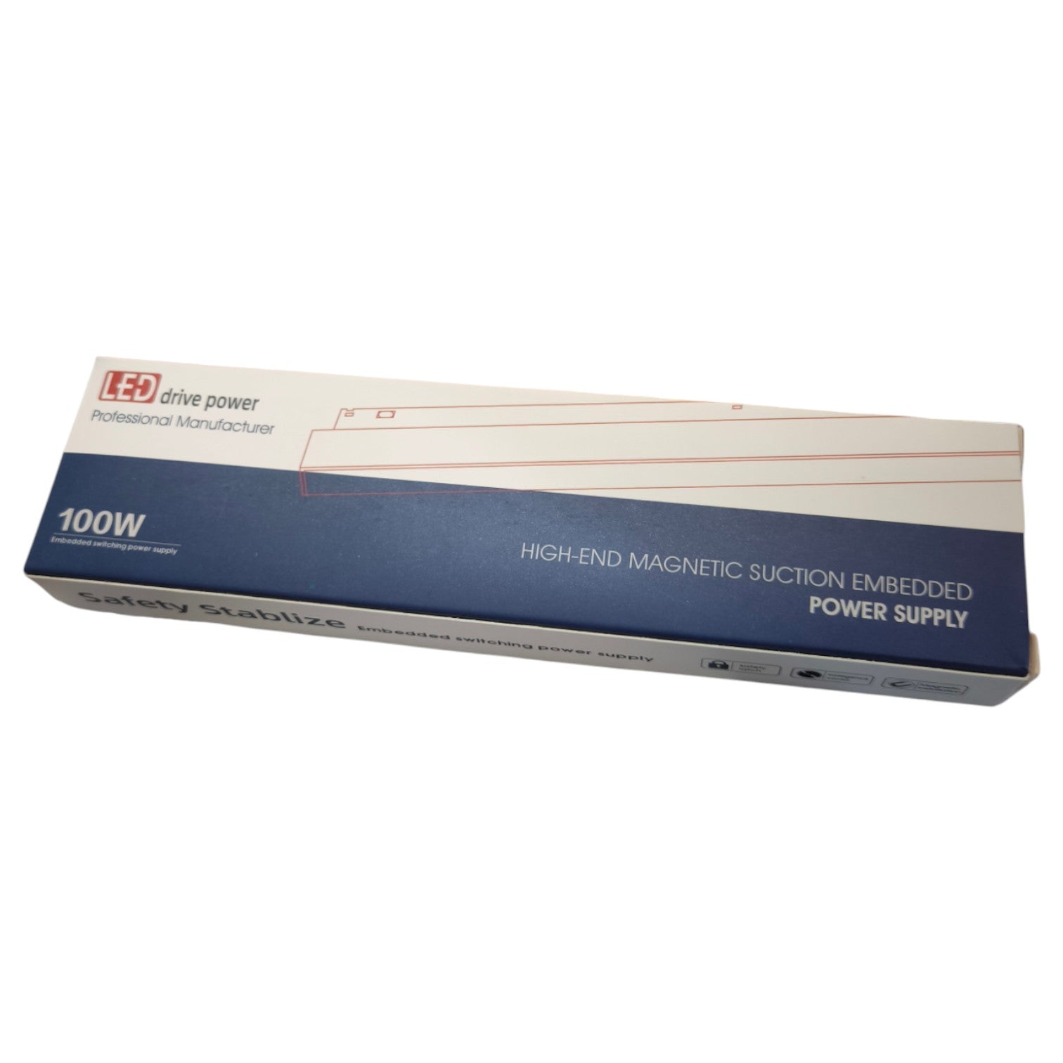 Power supply box with branding and specifications on a white background