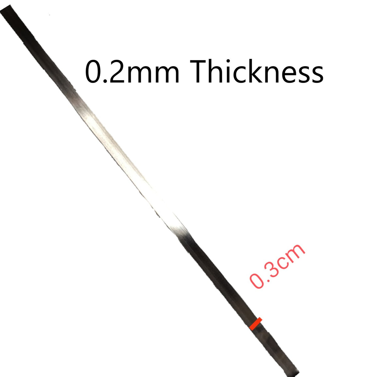 A thin black strip shown diagonally on a white background with text reading '0.2mm Thickness' and '0.