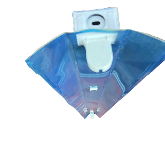 Light Master industrial LED fluorescent fixture blue reflector and white end cap close up for warehouse lighting