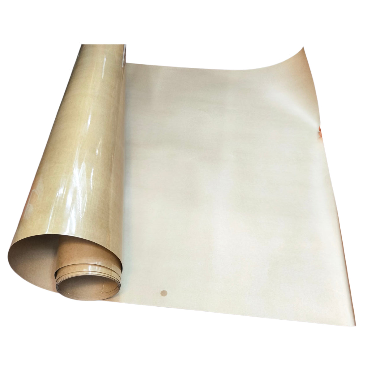 Roll of beige vinyl sheeting on a white background