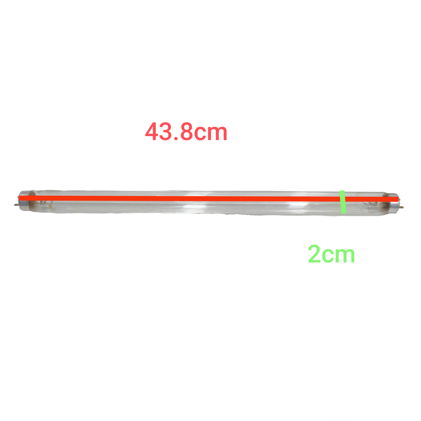 Measurement of a cylindrical object with dimensions labeled on a white  Irisram 15W T8 Germicidal Tube UV-C Electx Electrical Supplybackground
