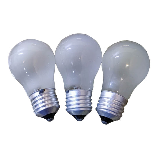 Three classic A19-style frosted glass light bulbs with silver screw bases, arranged side-by-side on a plain white background.