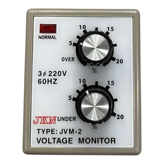 JKN JVM-2 Voltage Monitor electrical control panel with two black and silver dials, a red normal indicator light, and printed technical specifications on a white faceplate.