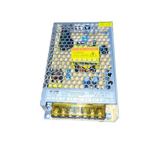 Rectangular electronic power supply unit with warning label on a white background