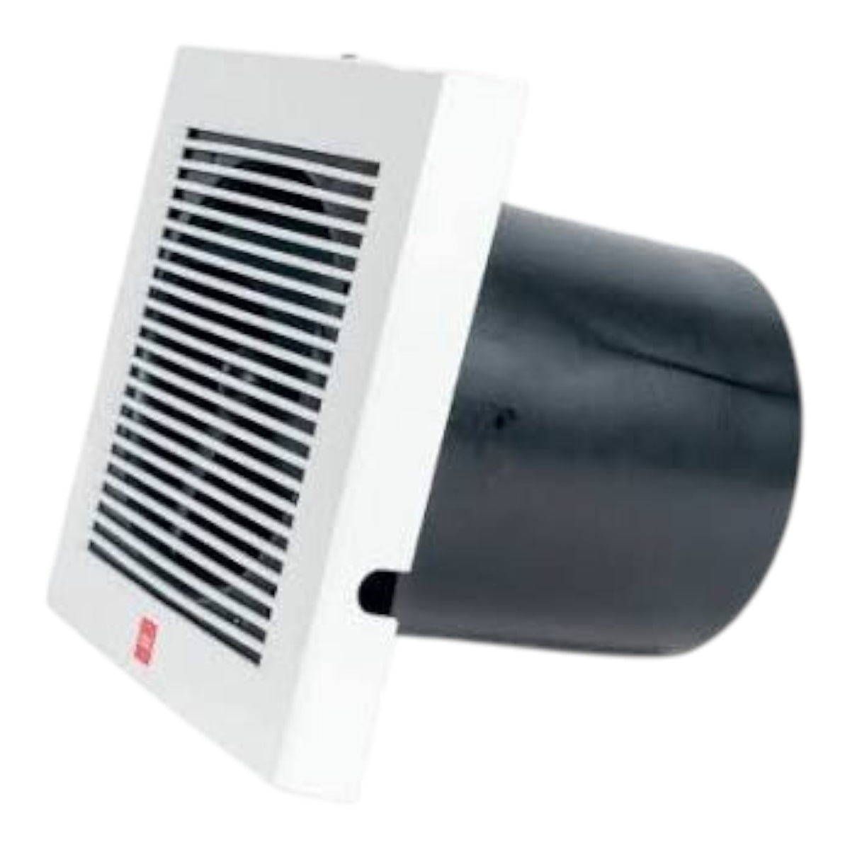 A white ceiling or wall vent with a black horizontal grille and a black cylindrical duct, shown on a plain white background.