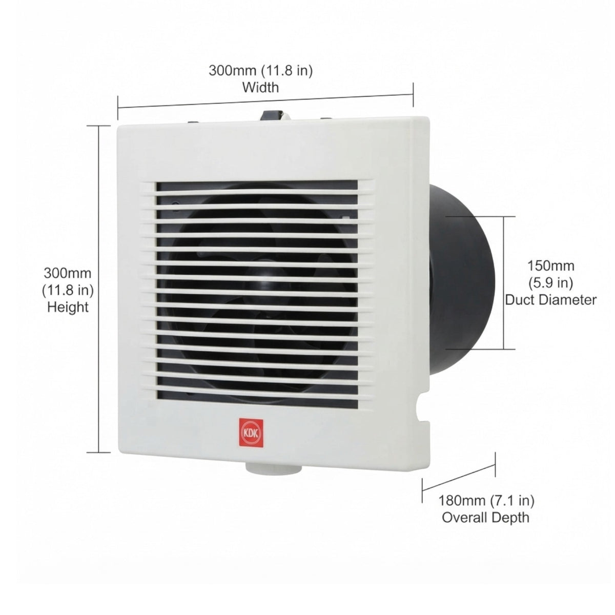 White K&H inline wall fan with black grille and duct, shown with dimension labels for width, height, duct diameter, and overall depth on a white background.