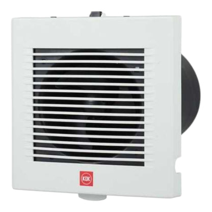 A white KOD indoor exhaust fan with a black grille and a visible black circular vent opening on the right side, shown against a plain white background.