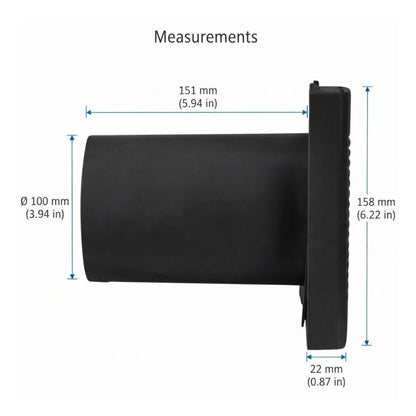 Measurement diagram of a black cylindrical wall mount or fixture component, showing dimensions labeled 151 mm, 158 mm, 100 mm, and 22 mm on a white background with the heading 'Measurements'.