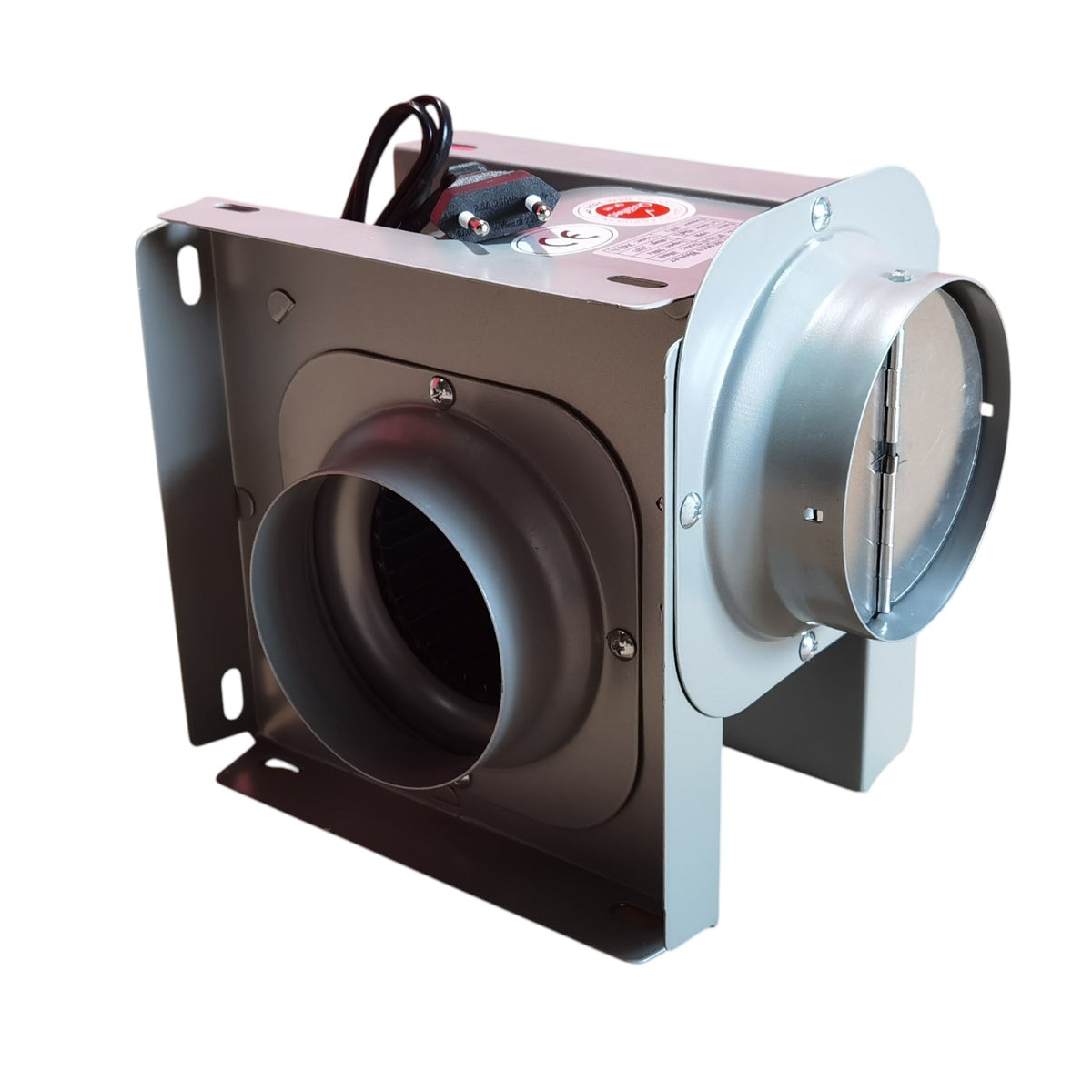 A metal duct fan and vent assembly with a dark gray front grille, silver side housing, mounting brackets, and visible wiring on top, photographed on a plain white background.