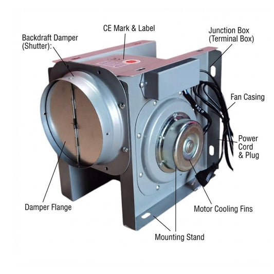 A labeled technical diagram of a box fan showing its components, including backdraft damper, junction box, fan casing, motor, and power cord, on a white background.