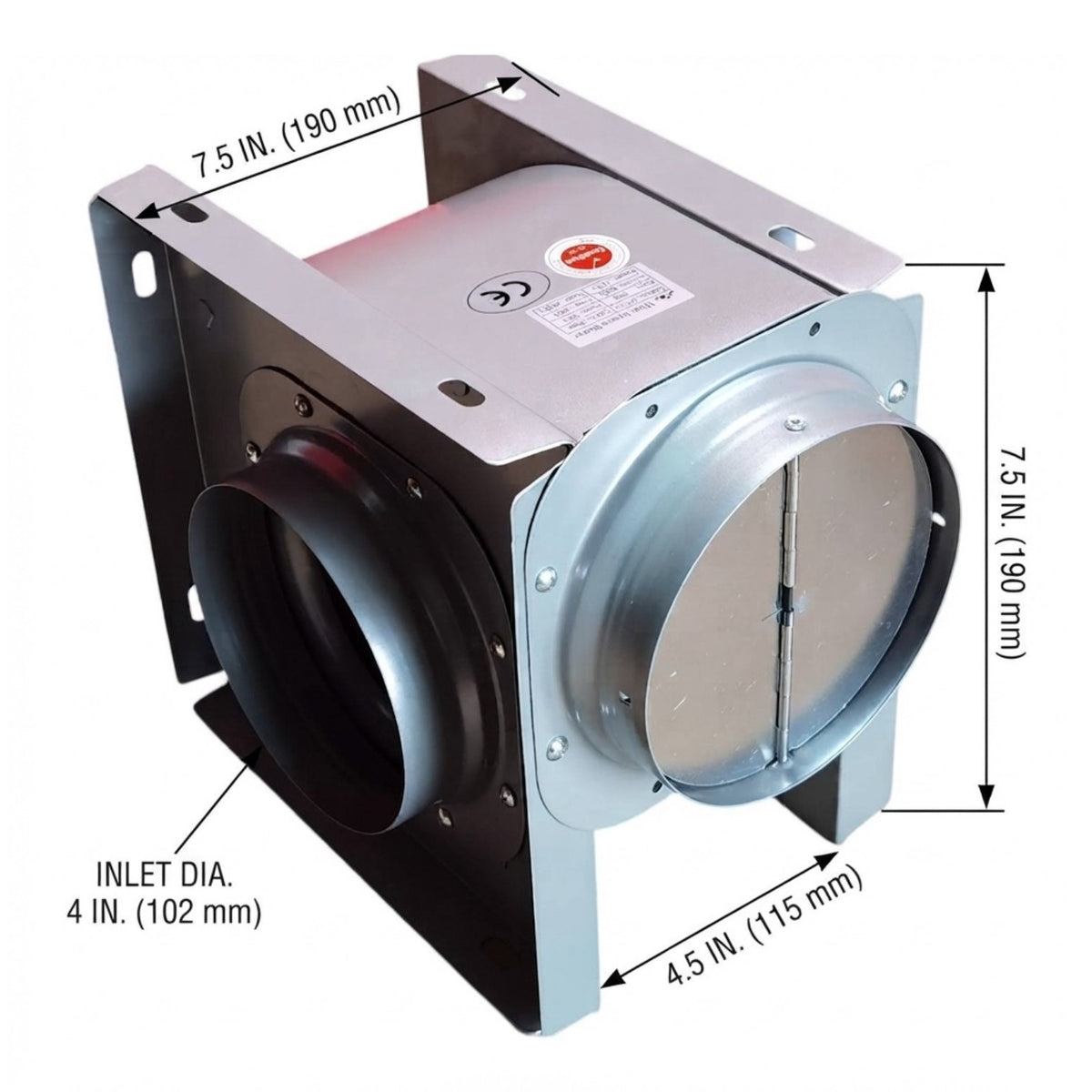 A metal duct fan or vent assembly shown on a white background with dimension callouts indicating 7.5 in.