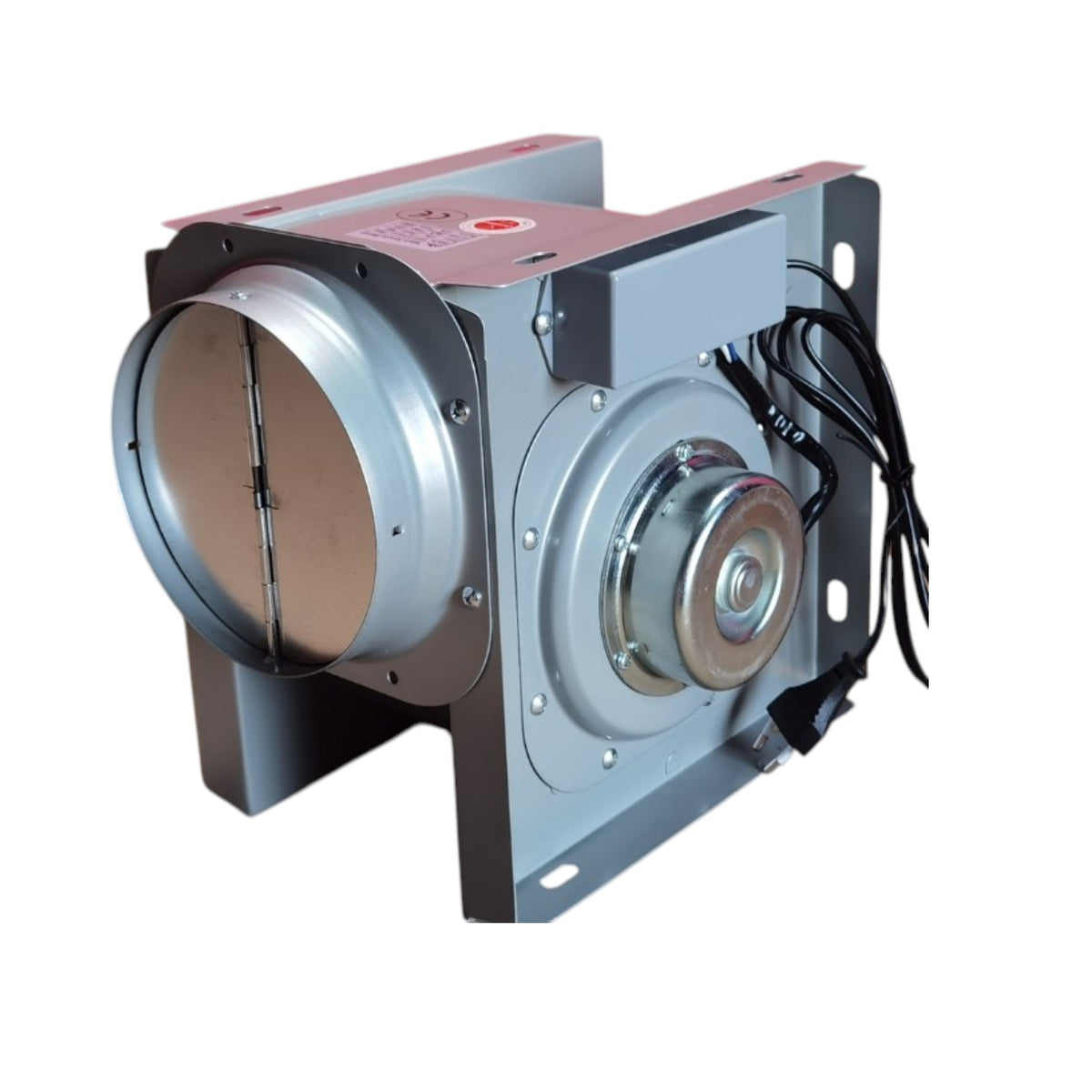 A square metal duct fan assembly with a circular front grille, silver metal housing, mounting brackets, and attached black power cables, shown on a plain white background.