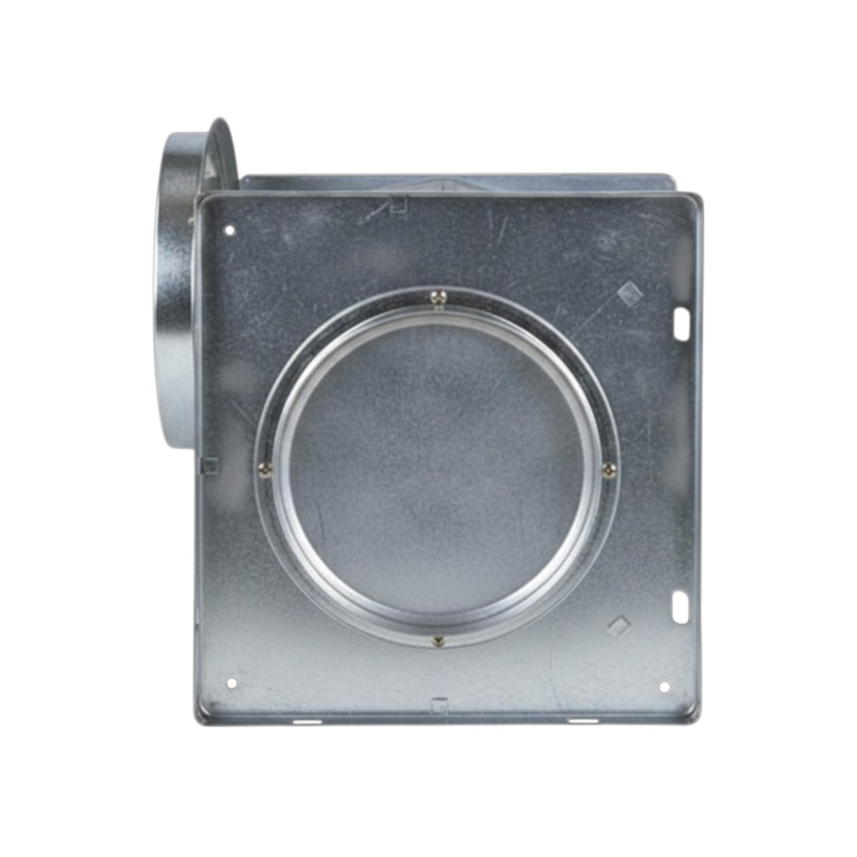 Galvanized steel square duct with a circular flange and a side elbow connector, shown on a plain white background.