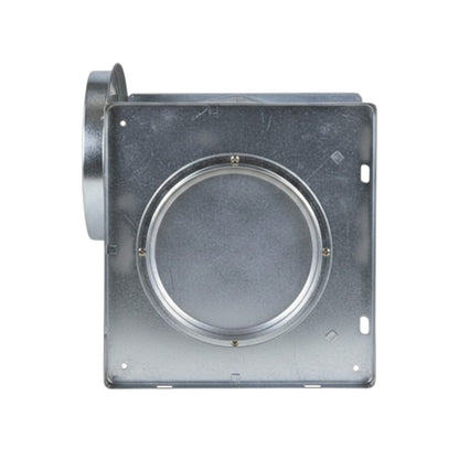 Galvanized steel square duct with a circular flange and a side elbow connector, shown on a plain white background.