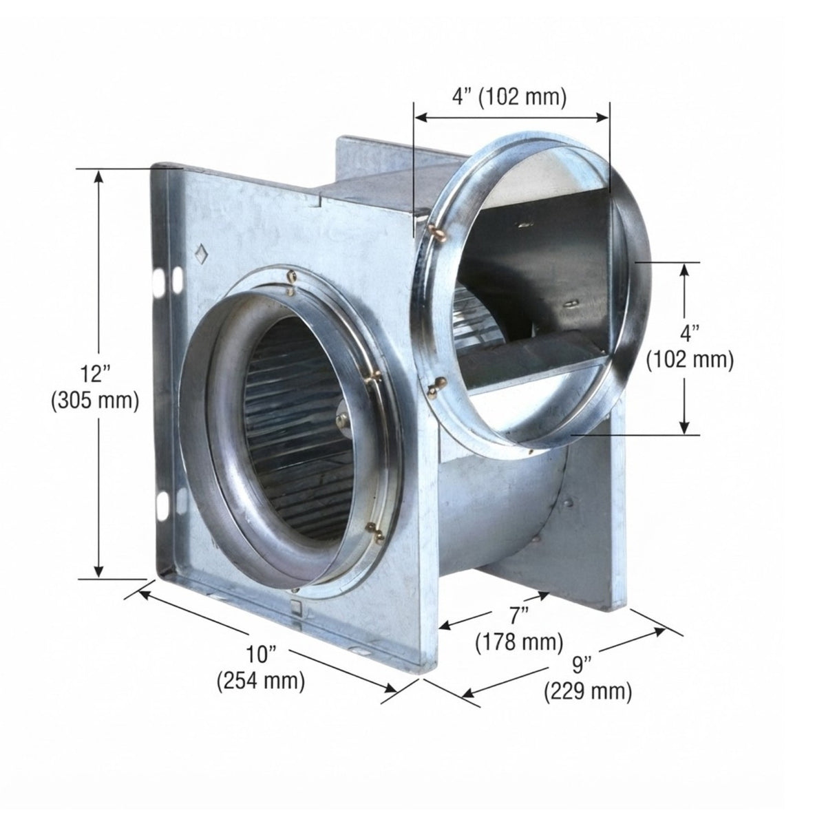 A metal duct fan or vent component shown on a white background with dimension callouts and arrows indicating measurements in inches and millimeters.