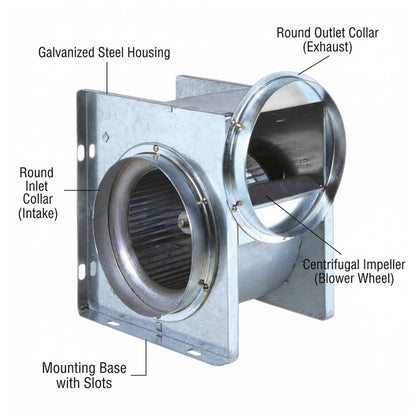A labeled technical-style product diagram of a galvanized steel duct fan or vent assembly with callouts for the housing, round inlet collar (intake), round outlet collar (exhaust), mounting base with slots, and centrifugal impeller (blower wheel) on a white background.