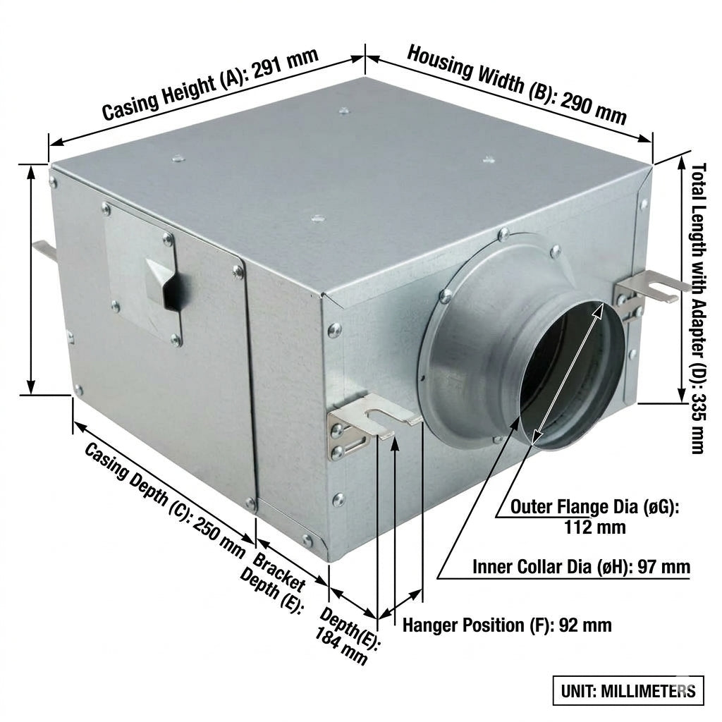 Technical dimension diagram of a galvanized metal duct box with labeled measurements for casing height, housing width, total length, and flange diameters, shown on a white background.