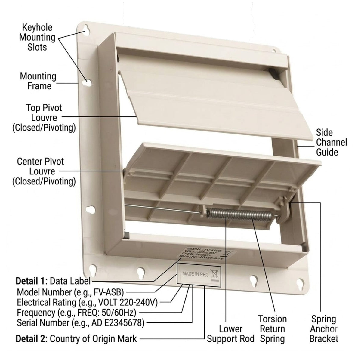 Technical product diagram of a wall-mounted solar air conditioner inverter panel with labeled parts and callouts, on a white background.