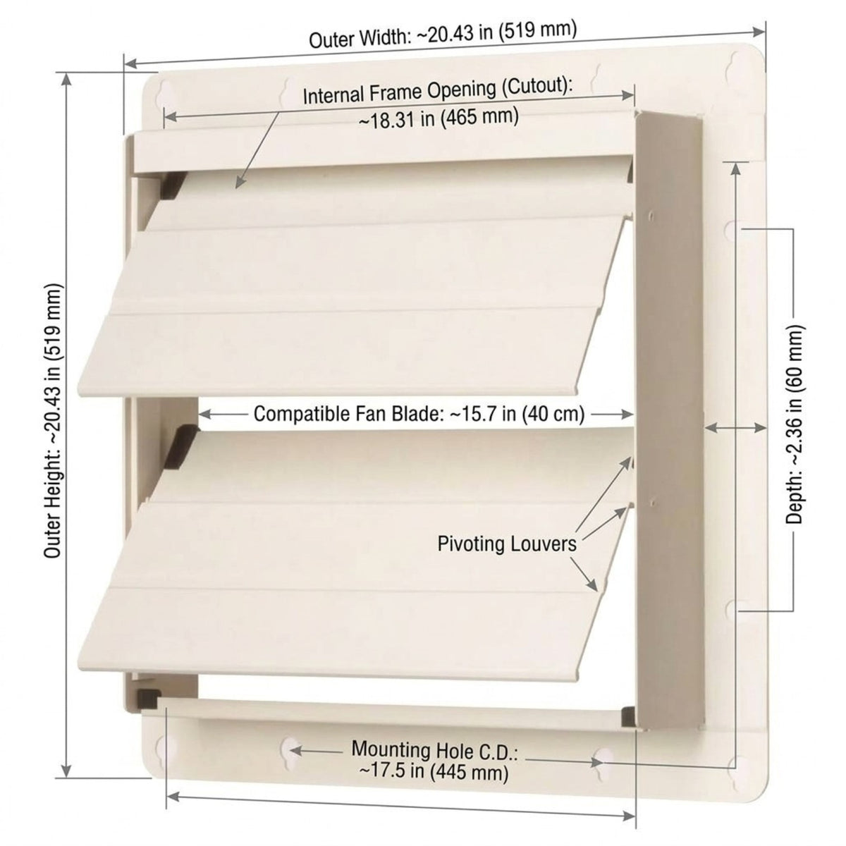 A beige exterior wall vent with dimension annotations showing outer width, outer height, internal frame opening, compatible fan blade size, depth, and mounting hole center distance.