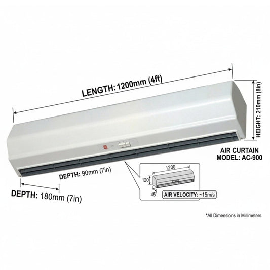 A wall-mounted split air conditioner indoor unit shown with dimension callouts: length 1200mm (4ft), height 2100mm (8ft), and depth 1800mm (7in). The image also includes a small inset showing the air curtain dimensions and airflow velocity.