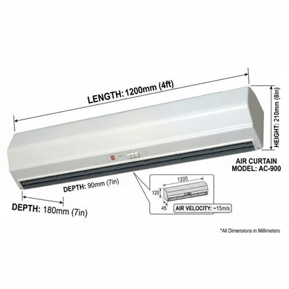 A wall-mounted split air conditioner indoor unit shown with dimension callouts: length 1200mm (4ft), height 2100mm (8ft), and depth 1800mm (7in). The image also includes a small inset showing the air curtain dimensions and airflow velocity.