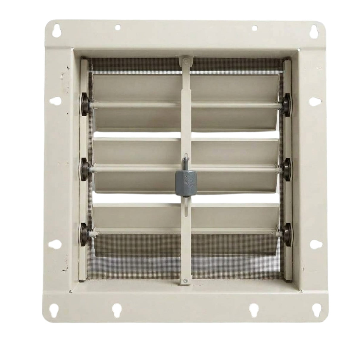 A square metal vent or shutter with horizontal slats, a central vertical bar, and a gray latch, shown against a plain white background.