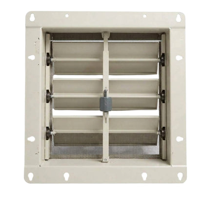 A square metal vent or shutter with horizontal slats, a central vertical bar, and a gray latch, shown against a plain white background.
