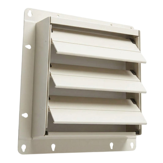 A white metal louvered vent cover with a mounting bracket, shown against a plain white background.