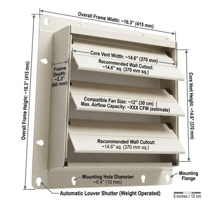 A technical dimension diagram of a beige metal automatic louver shutter vent, showing overall frame width and height, core vent width, recommended wall cutout, compatible fan size, mounting hole diameter, and mounting flange measurements with labels.