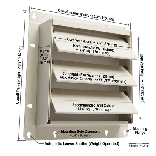 A technical dimension diagram of a beige metal automatic louver shutter vent, showing overall frame width and height, core vent width, recommended wall cutout, compatible fan size, mounting hole diameter, and mounting flange measurements with labels.