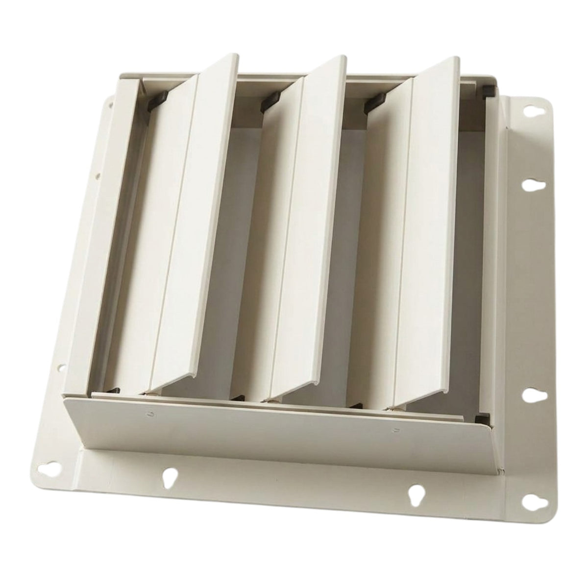 A white metal ventilation grille with four vertical louvers and a mounting bracket, shown on a solid white background.
