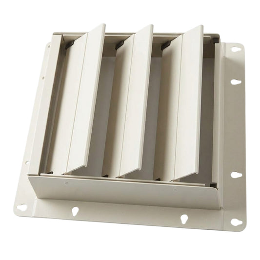 A white metal ventilation grille with four vertical louvers and a mounting bracket, shown on a solid white background.