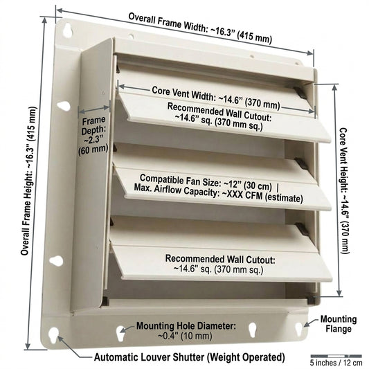 A technical dimension diagram of a white metal automatic louver shutter, showing overall frame width and height, frame depth, core vent width, recommended wall cutout, compatible fan size, and mounting hole details with measurement labels.