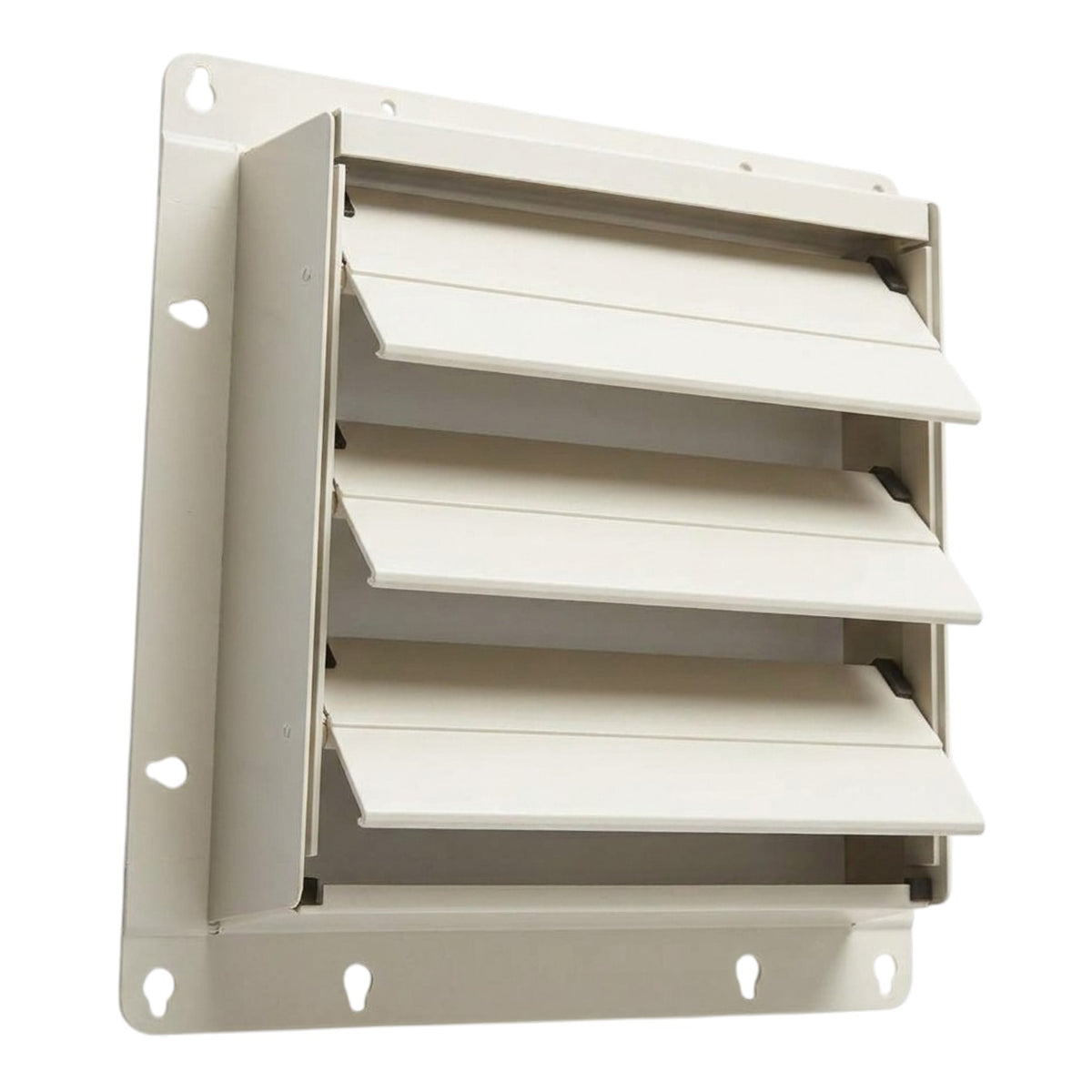 A white metal louvered vent cover with a mounting bracket, shown against a plain white background.