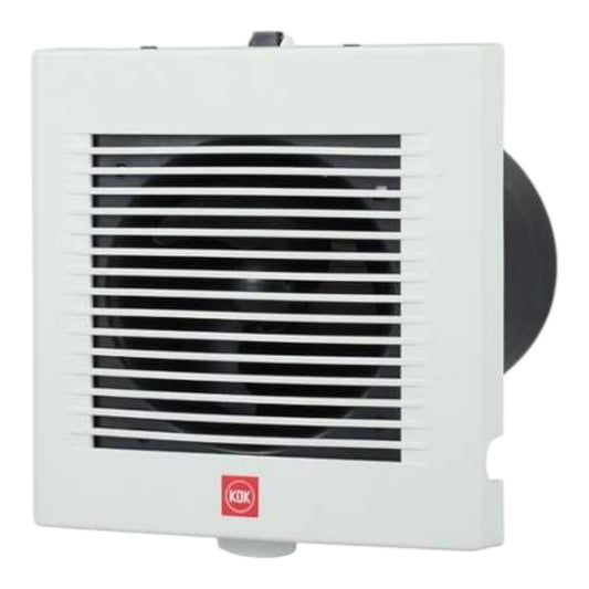 A white KOD indoor exhaust fan with a black grille and a visible black circular vent opening on the right side, shown against a plain white background.