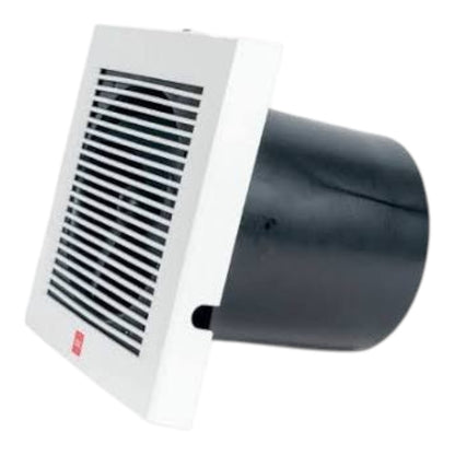 A white ceiling or wall vent with a black horizontal grille and a black cylindrical duct, shown on a plain white background.