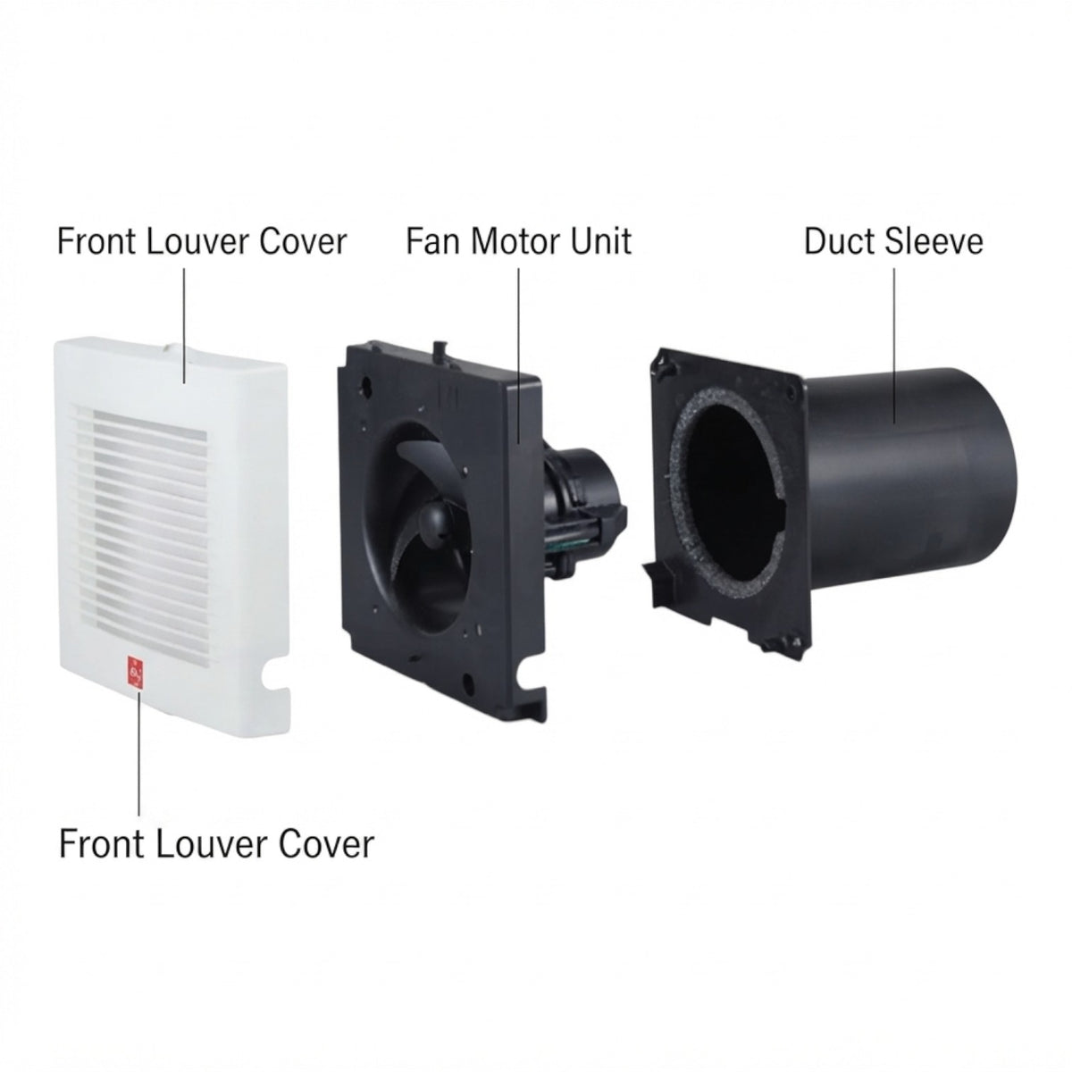 Three-part exploded view of a duct fan assembly with labeled parts: Front Louver Cover (white), Fan Motor Unit (black), and Duct Sleeve (black), on a white background.