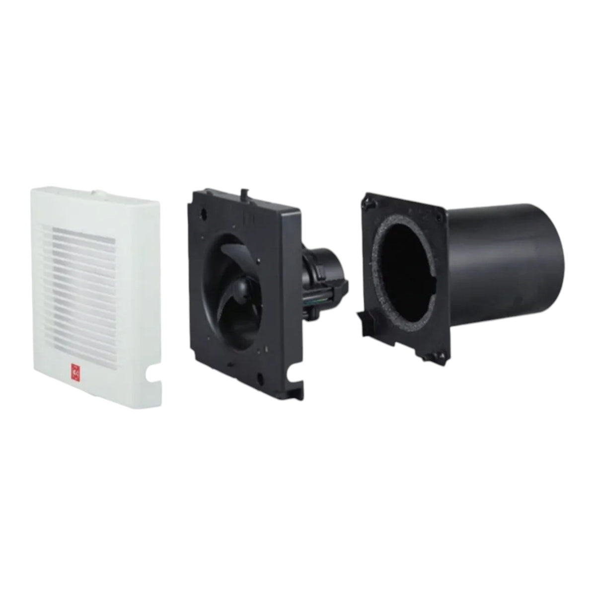 A three-piece mechanical ventilation or air conditioning duct assembly, including a white rectangular grille cover, a black motorized fan housing, and a black cylindrical duct section, shown against a plain white background.