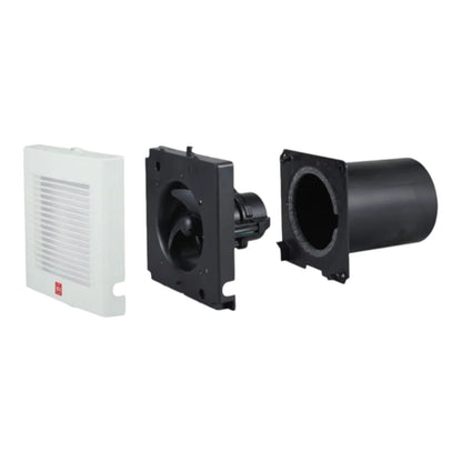 A three-piece mechanical ventilation or air conditioning duct assembly, including a white rectangular grille cover, a black motorized fan housing, and a black cylindrical duct section, shown against a plain white background.