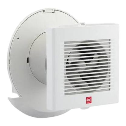 A white exhaust fan with a square front grille and a circular backplate, shown on a plain white background. A small red square logo is visible on the lower right corner of the front faceplate.