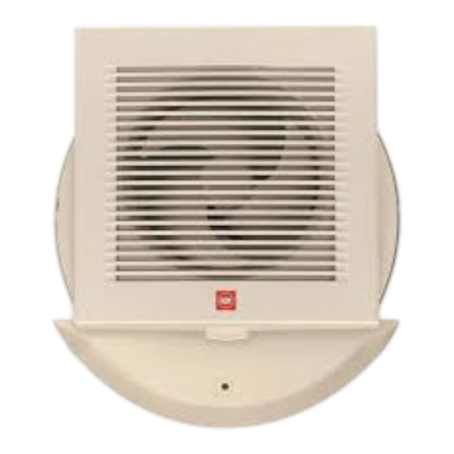 A cream-colored ceiling fan vent cover with a front grille and a small red brand logo, shown against a plain white background.