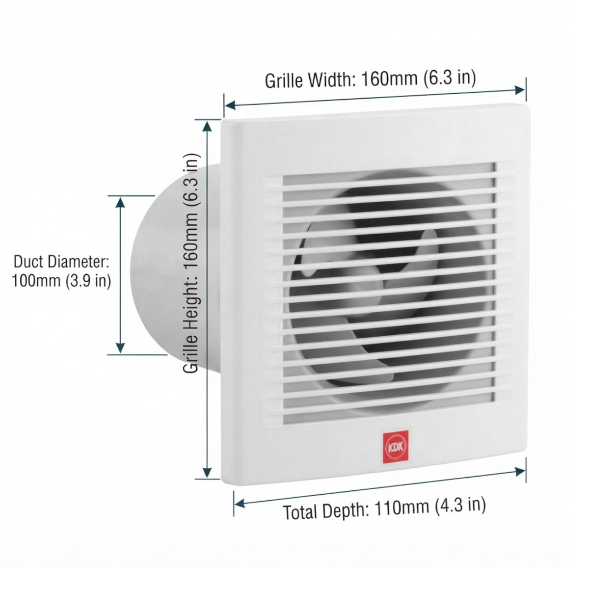 White square wall-mounted exhaust fan with dimension callouts showing grille width 160mm, duct diameter 100mm, grille height 160mm, and total depth 110mm on a light gray background.